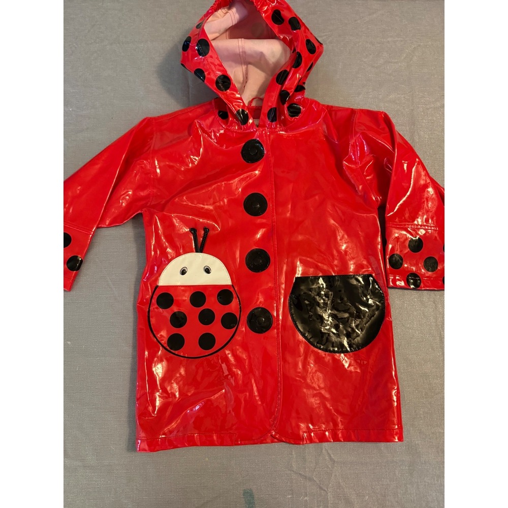 Kidorable Ladybug Raincoat Red Glossy Hooded Jacket Polka Dot Kids Size 5/6
